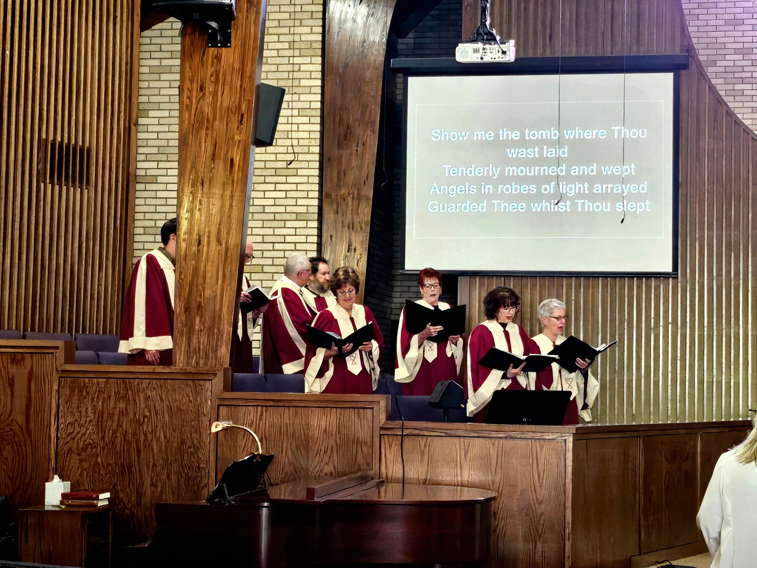 Choir singing during traditional worship service at First Christian Church
